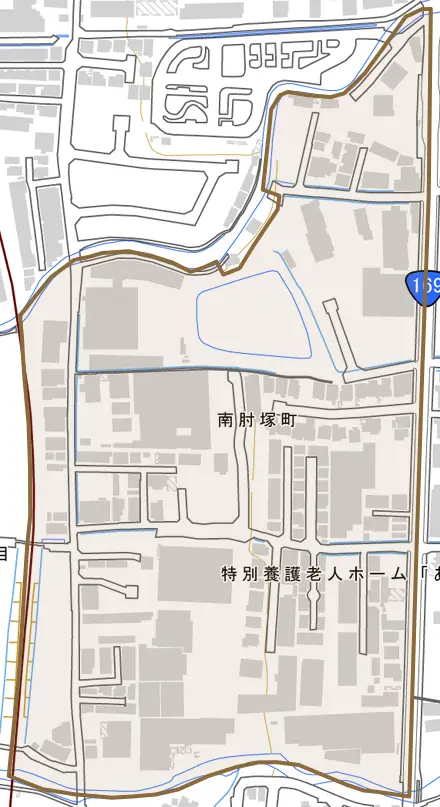 南肘塚町とその周辺の地図。町の範囲を重ねている