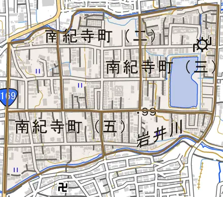 南紀寺町とその周辺の地図。町の範囲を重ねている