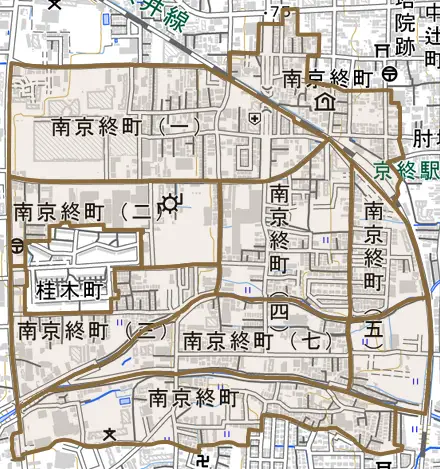 南京終町とその周辺の地図。町の範囲を重ねている