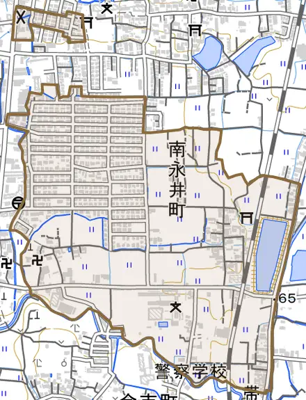 南永井町とその周辺の地図。町の範囲を重ねている