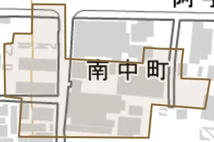 南中町とその周辺の地図。町の範囲を重ねている