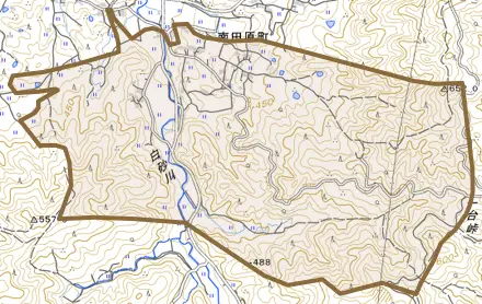 南田原町とその周辺の地図。町の範囲を重ねている