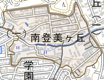 南登美ヶ丘とその周辺の地図。町の範囲を重ねている