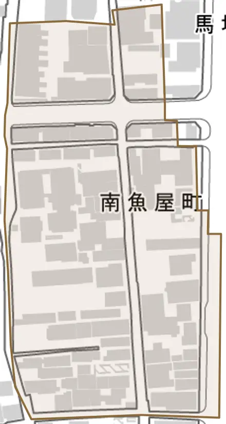 南魚屋町とその周辺の地図。町の範囲を重ねている
