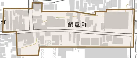 鍋屋町とその周辺の地図。町の範囲を重ねている