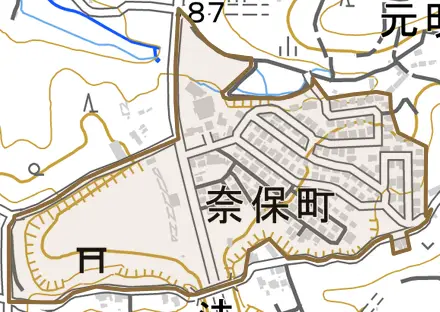 奈保町とその周辺の地図。町の範囲を重ねている
