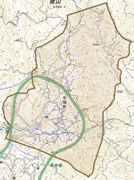 中畑町とその周辺の地図。町の範囲を重ねている