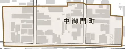 中御門町とその周辺の地図。町の範囲を重ねている