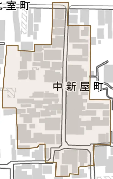 中新屋町とその周辺の地図。町の範囲を重ねている