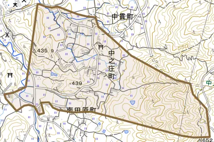 中之庄町とその周辺の地図。町の範囲を重ねている