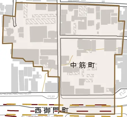 中筋町とその周辺の地図。町の範囲を重ねている