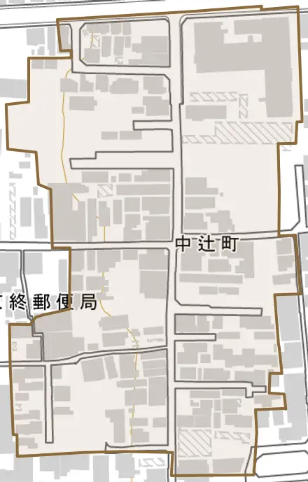 中辻町とその周辺の地図。町の範囲を重ねている