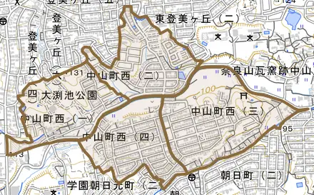 中山町西とその周辺の地図。町の範囲を重ねている
