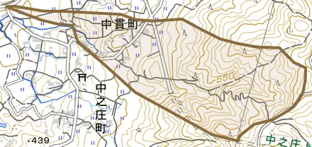 中貫町とその周辺の地図。町の範囲を重ねている