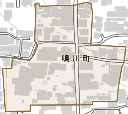 鳴川町とその周辺の地図。町の範囲を重ねている