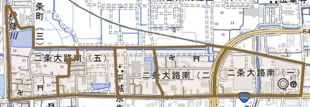 二条大路南とその周辺の地図。町の範囲を重ねている