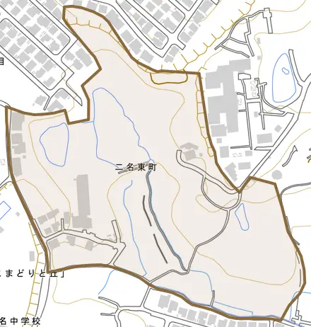 二名東町とその周辺の地図。町の範囲を重ねている