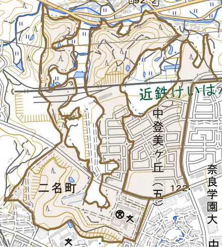 二名町とその周辺の地図。町の範囲を重ねている