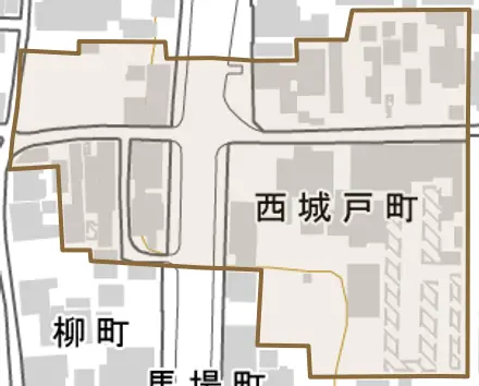 西城戸町とその周辺の地図。町の範囲を重ねている