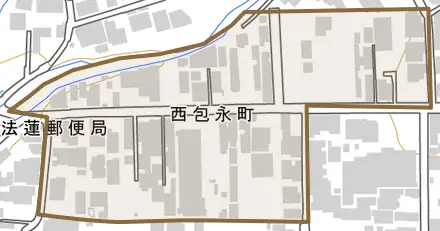 西包永町とその周辺の地図。町の範囲を重ねている