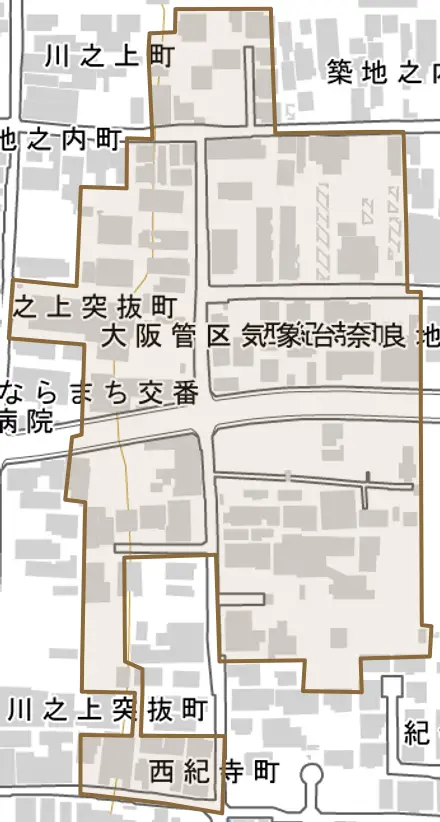 西紀寺町とその周辺の地図。町の範囲を重ねている