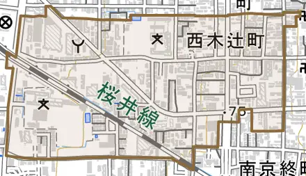 西木辻町とその周辺の地図。町の範囲を重ねている