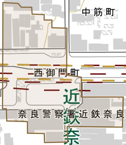 西御門町とその周辺の地図。町の範囲を重ねている
