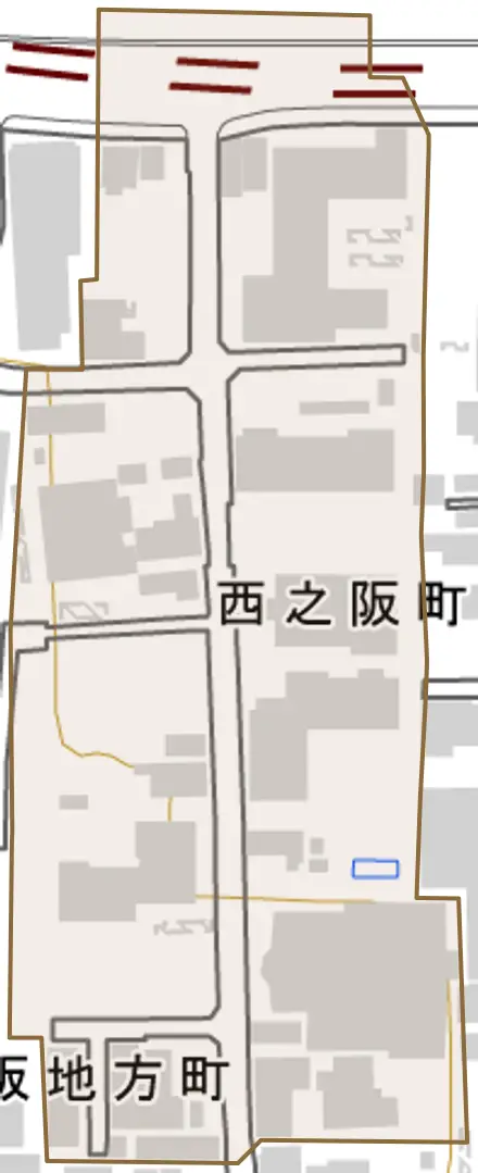 西之阪町とその周辺の地図。町の範囲を重ねている