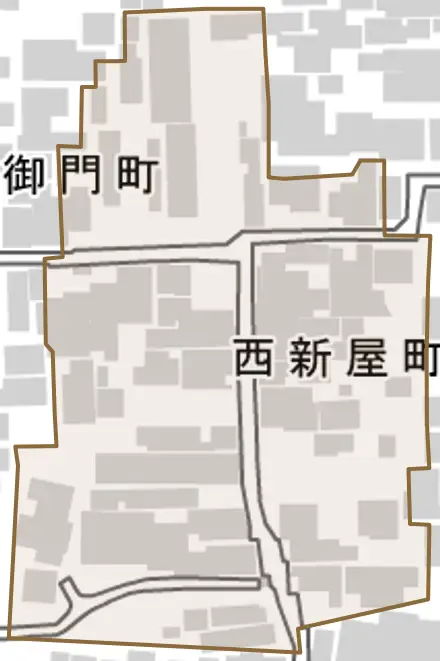 西新屋町とその周辺の地図。町の範囲を重ねている