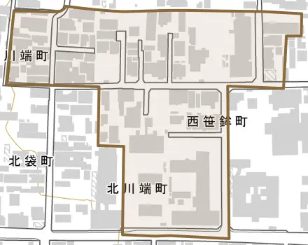 西笹鉾町とその周辺の地図。町の範囲を重ねている