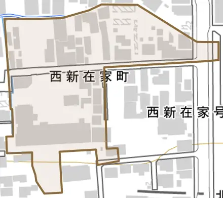 西新在家町とその周辺の地図。町の範囲を重ねている