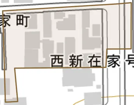 西新在家号所町とその周辺の地図。町の範囲を重ねている
