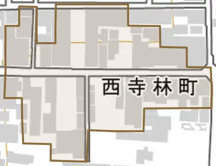 西寺林町とその周辺の地図。町の範囲を重ねている
