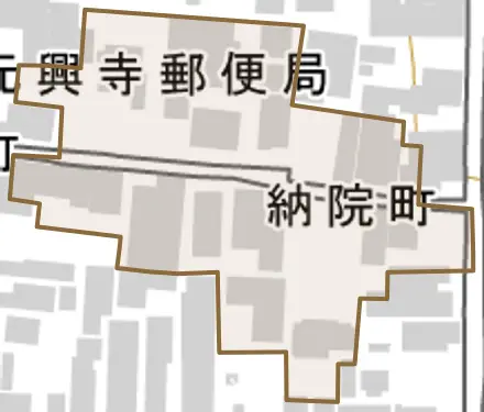納院町とその周辺の地図。町の範囲を重ねている