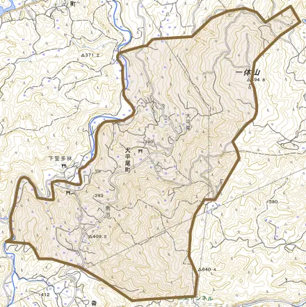 大平尾町とその周辺の地図。町の範囲を重ねている