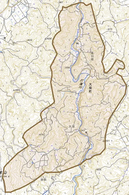 大保町とその周辺の地図。町の範囲を重ねている