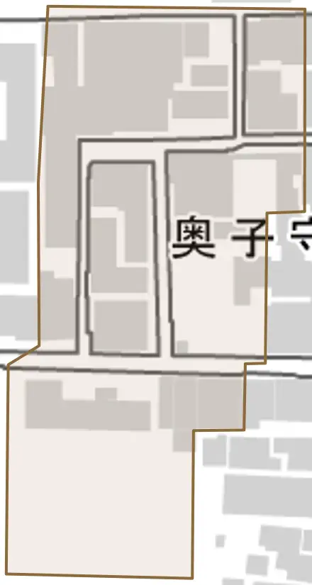 奥子守町とその周辺の地図。町の範囲を重ねている