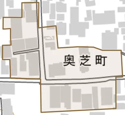 奥芝町とその周辺の地図。町の範囲を重ねている