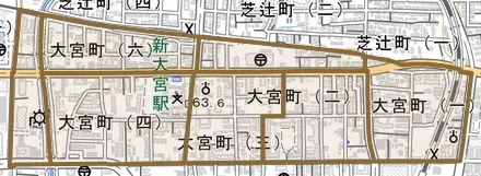 大宮町とその周辺の地図。町の範囲を重ねている