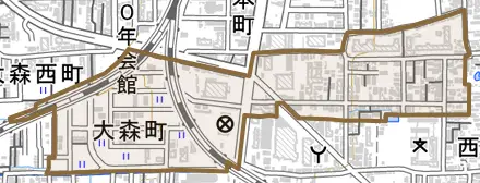 大森町とその周辺の地図。町の範囲を重ねている