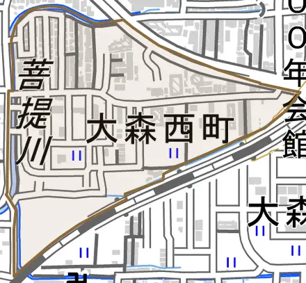 大森西町とその周辺の地図。町の範囲を重ねている