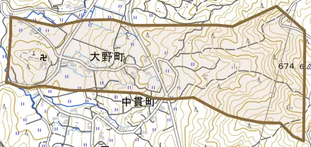 大野町とその周辺の地図。町の範囲を重ねている