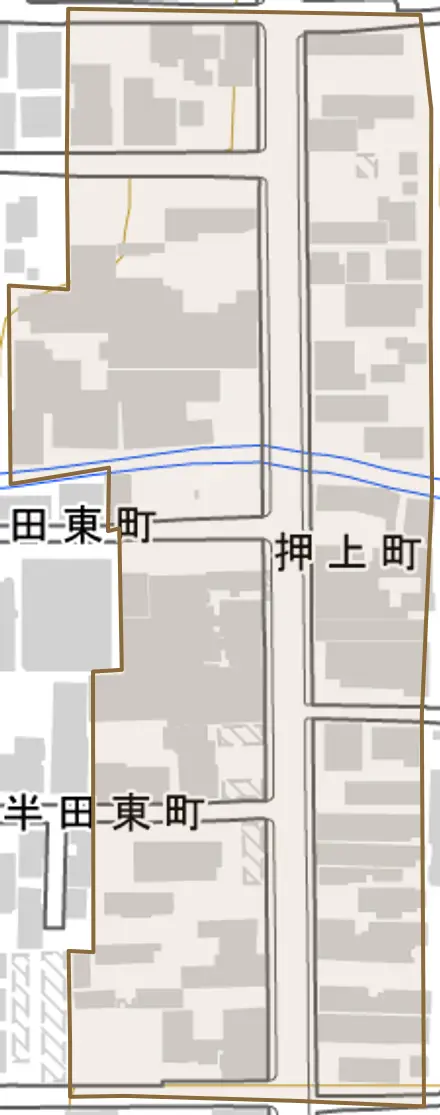 押上町とその周辺の地図。町の範囲を重ねている