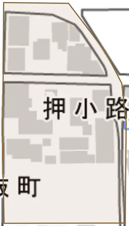押小路町とその周辺の地図。町の範囲を重ねている