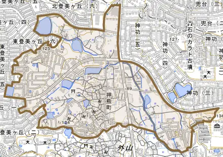 押熊町とその周辺の地図。町の範囲を重ねている