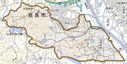 大和田町とその周辺の地図。町の範囲を重ねている