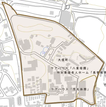 大倭町とその周辺の地図。町の範囲を重ねている