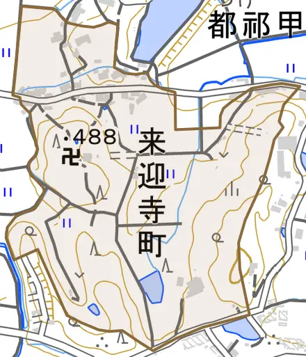 来迎寺町とその周辺の地図。町の範囲を重ねている