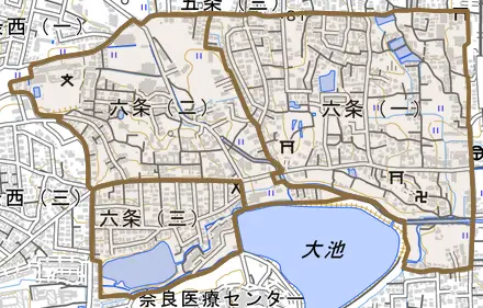 六条とその周辺の地図。町の範囲を重ねている