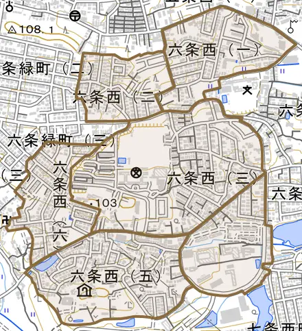 六条西とその周辺の地図。町の範囲を重ねている